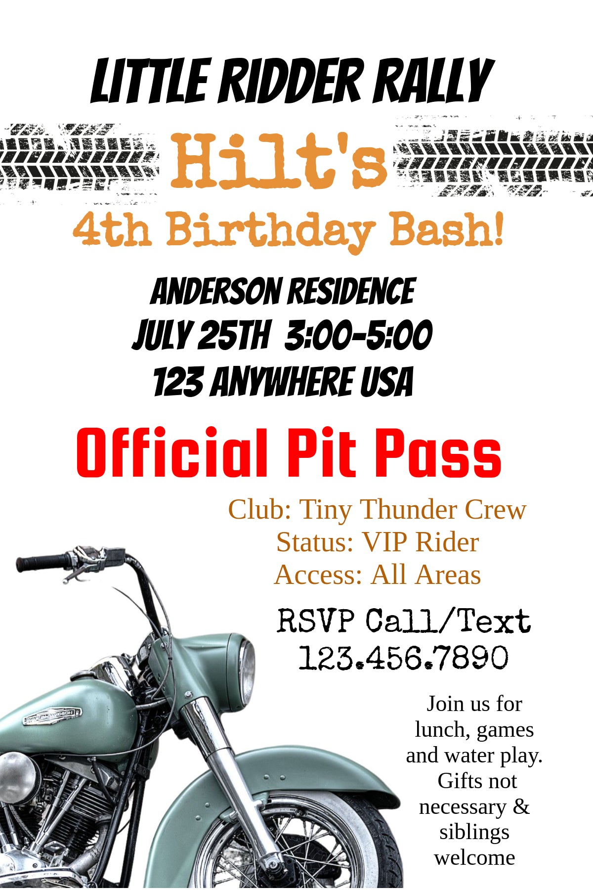 Motorcycle Rally Pit Pass Birthday Invitation